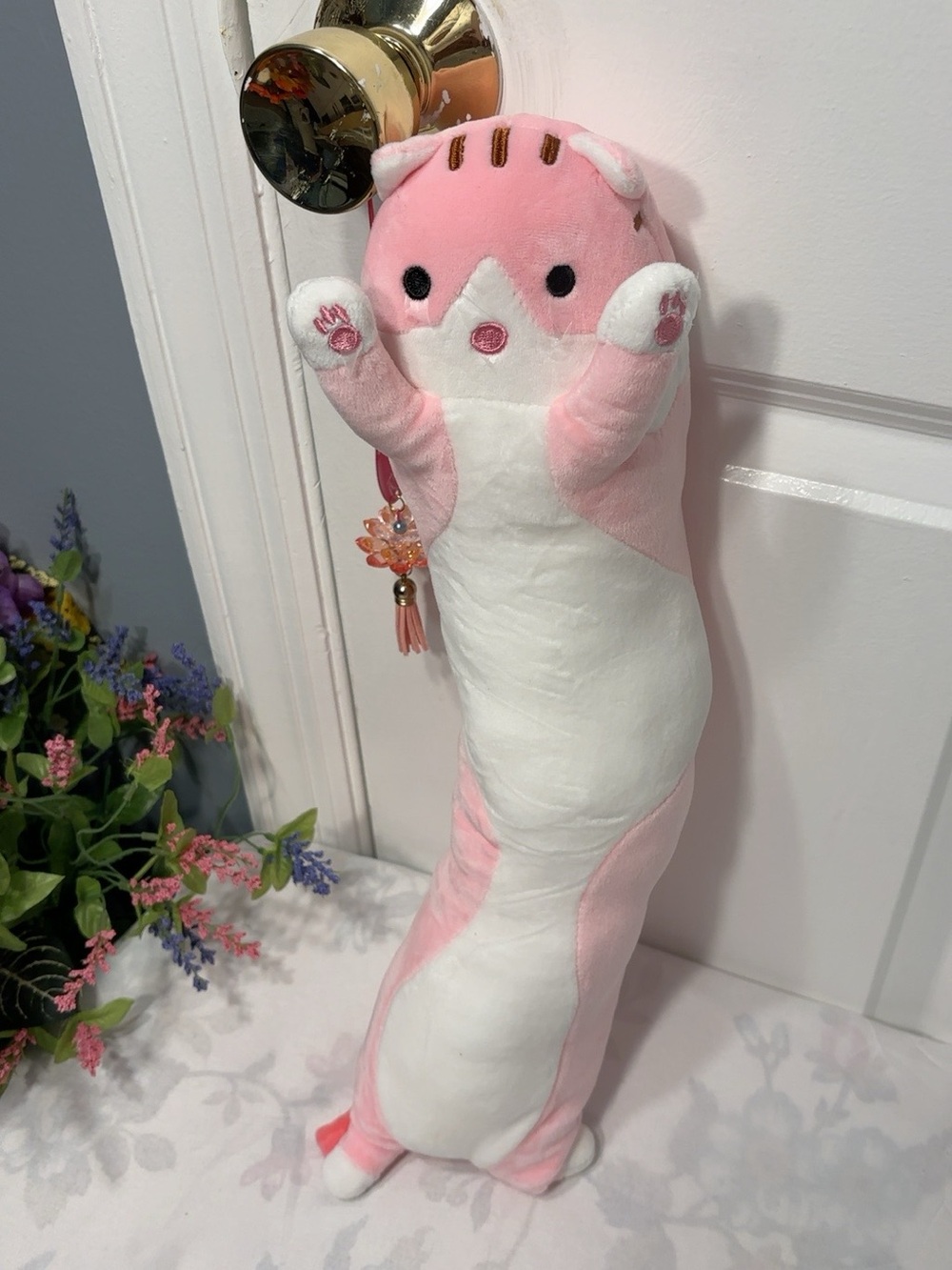 Pink & White Long Cat Plush Body Pillow 21” Cute Stuffed Animal